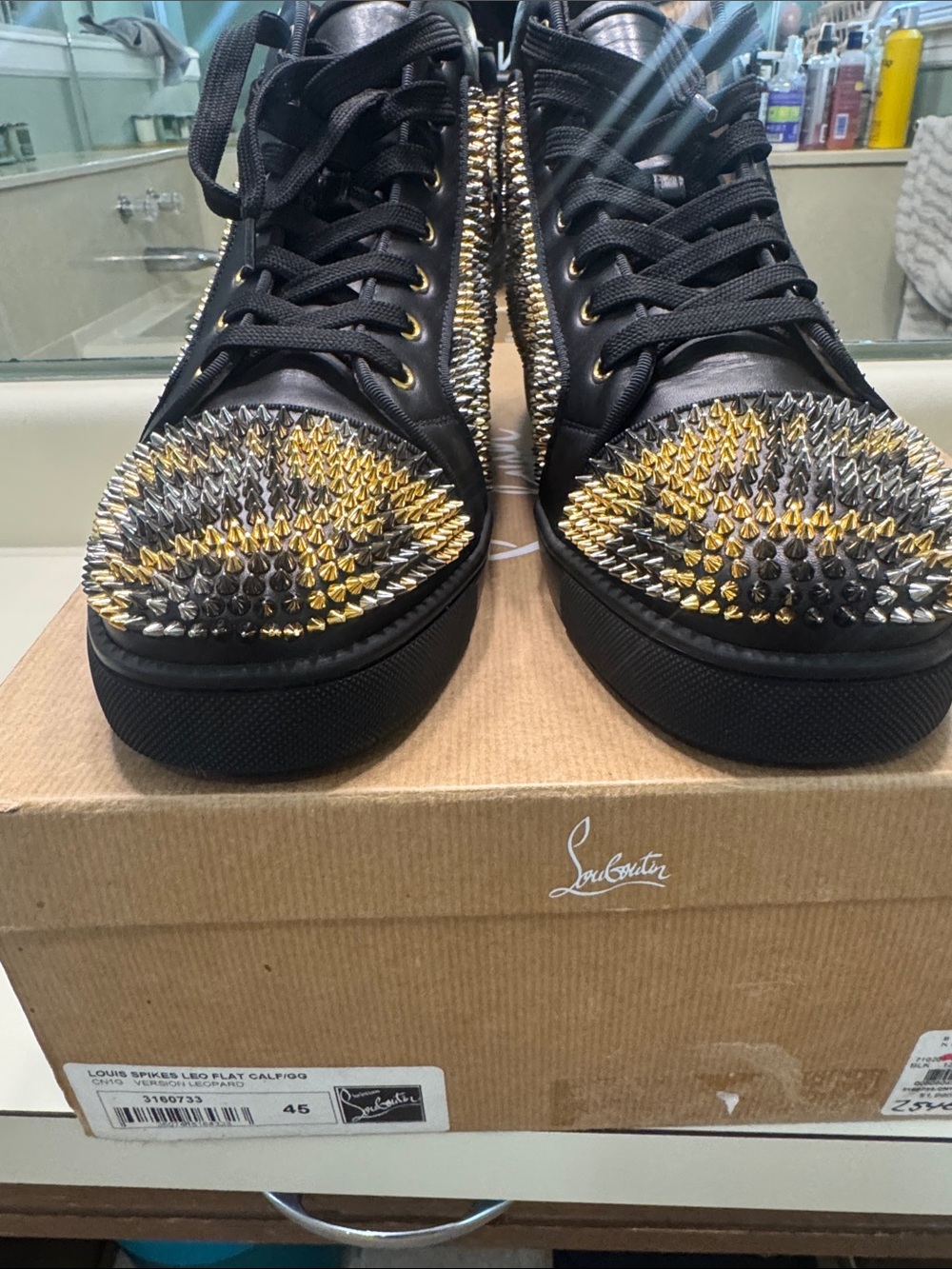 Christian Louboutin Black and Gold Spike-Embellished High-Top Sneakers - Picture 9 of 13